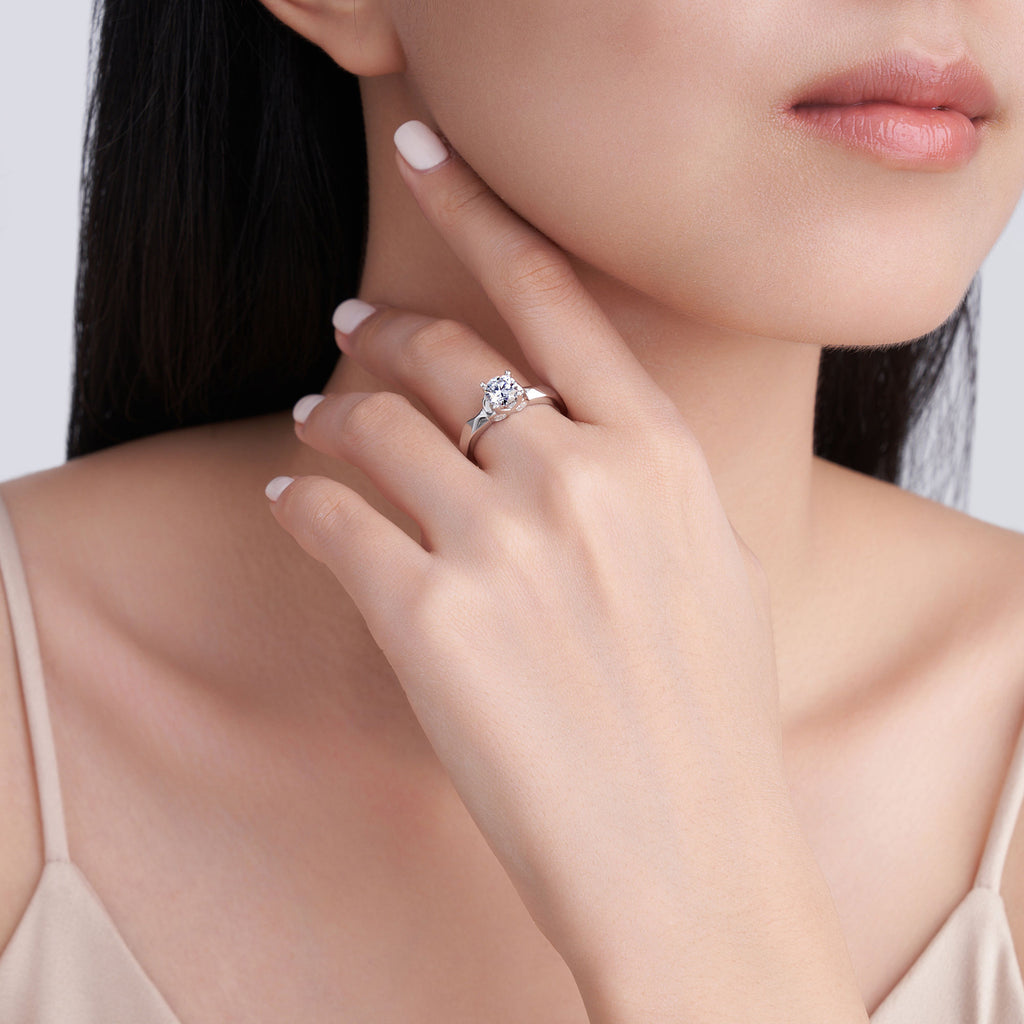 0.98 CTW Moissanite Women's Proposal Ring S925 Sterling Silver Four Prong Classic Rhodium 14K Gold Plated Romantic GRA Certified