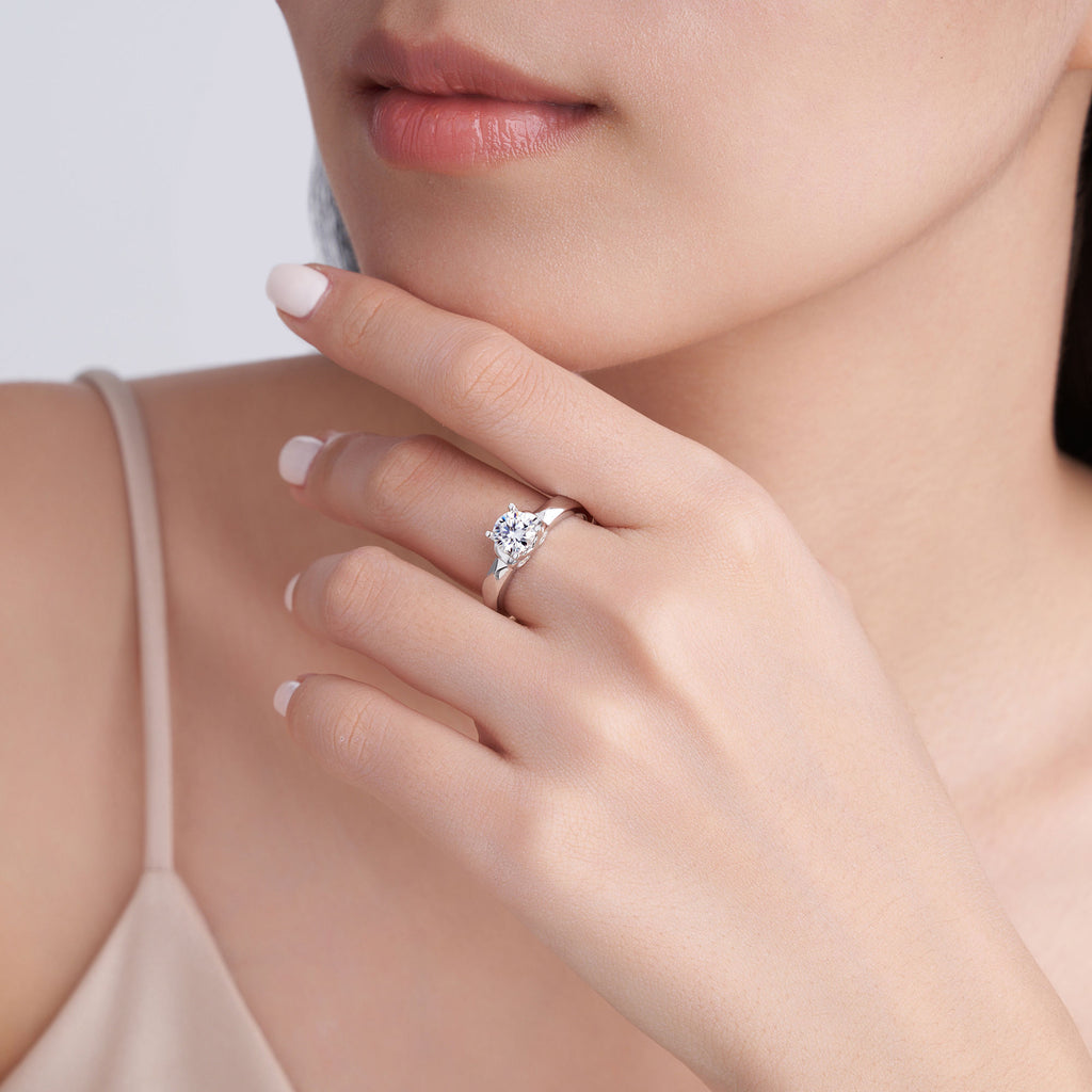 0.98 CTW Moissanite Women's Proposal Ring S925 Sterling Silver Four Prong Classic Rhodium 14K Gold Plated Romantic GRA Certified