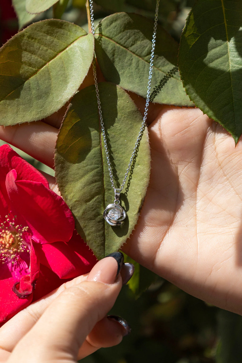 Rose Orbit Crystal Pendant Necklace for Women – Elegant Silver Chain