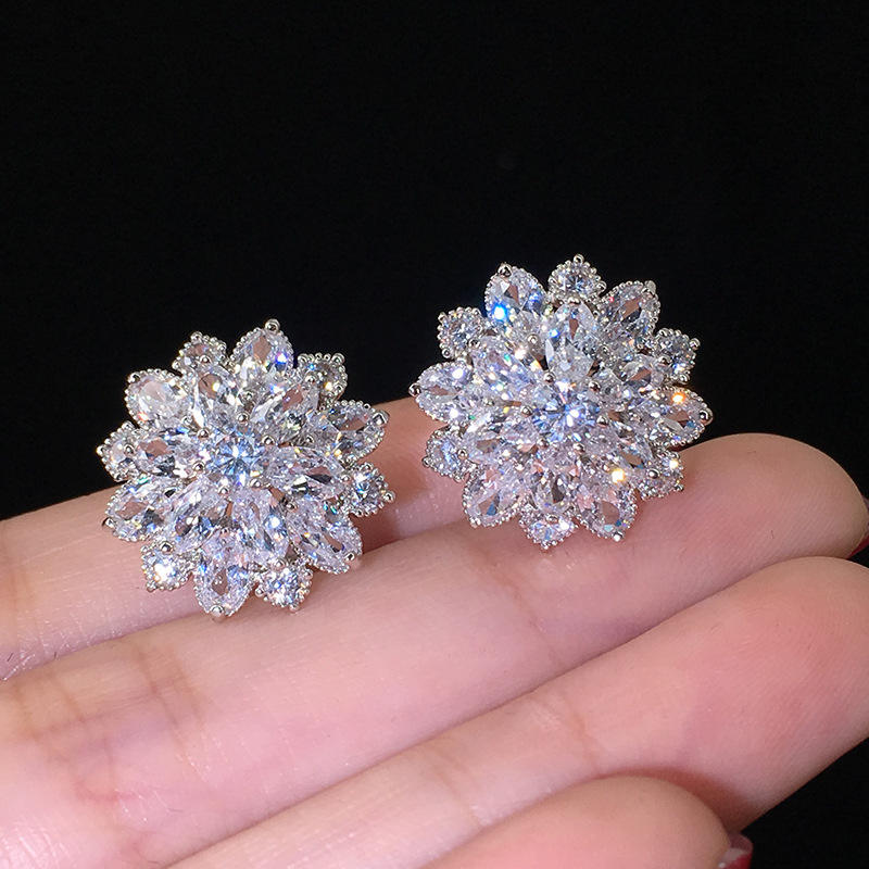 Luxury Sun Flower Multi Colors Stud Earrings for Women Cubic Zirconia Flowers Wedding Bridal Earring